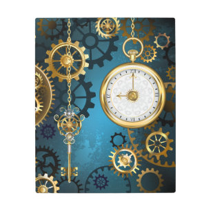 Steampun turquoise Background with Gears Metal Print