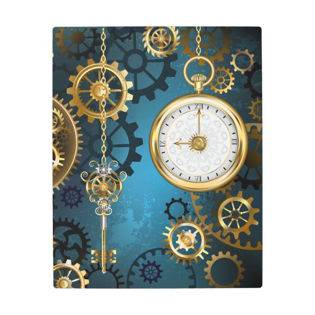 Steampun turquoise Background with Gears Metal Print (Front)