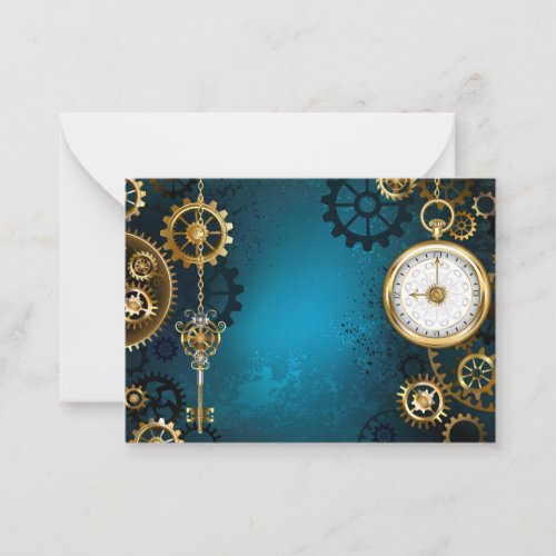 Steampun turquoise Background with Gears Note Card