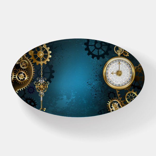 Steampun turquoise Background with Gears Paperweight (Front)