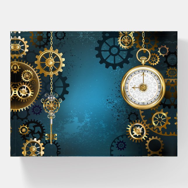 Steampun turquoise Background with Gears Paperweight (Front)
