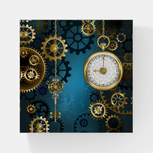 Steampun turquoise Background with Gears Paperweight