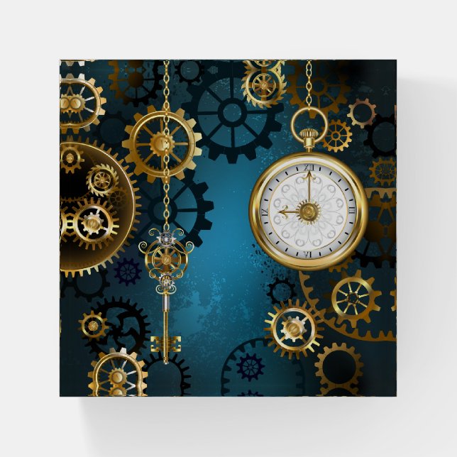 Steampun turquoise Background with Gears Paperweight (Front)