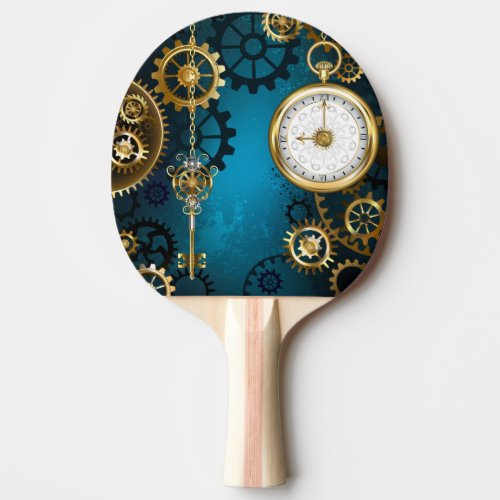 Steampun turquoise Background with Gears Ping Pong Paddle
