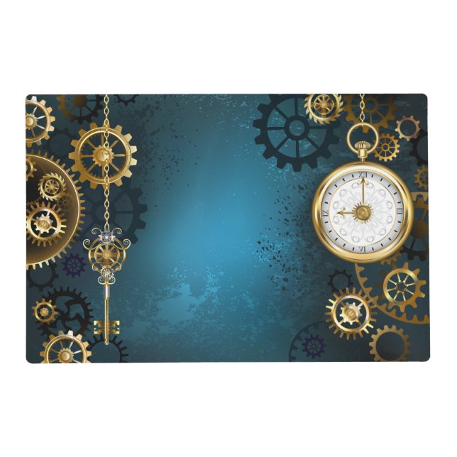 Steampun turquoise Background with Gears Placemat (Front)