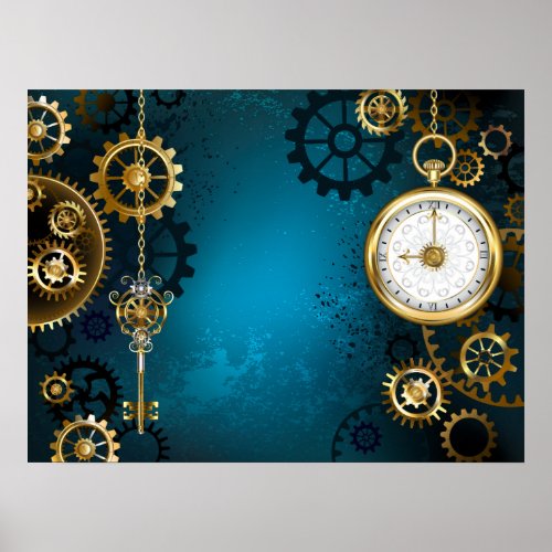 Steampun turquoise Background with Gears Poster