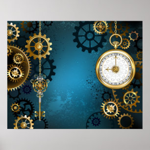 Steampun turquoise Background with Gears Poster