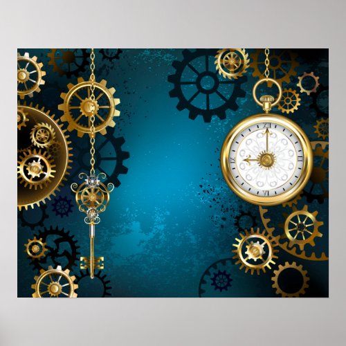 Steampun turquoise Background with Gears Poster