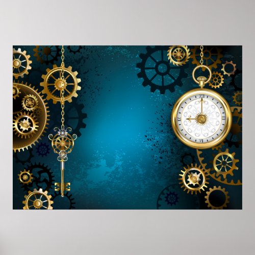 Steampun turquoise Background with Gears Poster