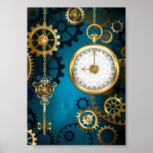 Steampun turquoise Background with Gears Poster