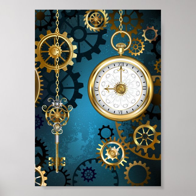 Steampun turquoise Background with Gears Poster (Front)