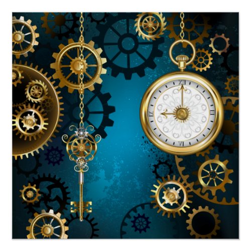 Steampun turquoise Background with Gears Poster