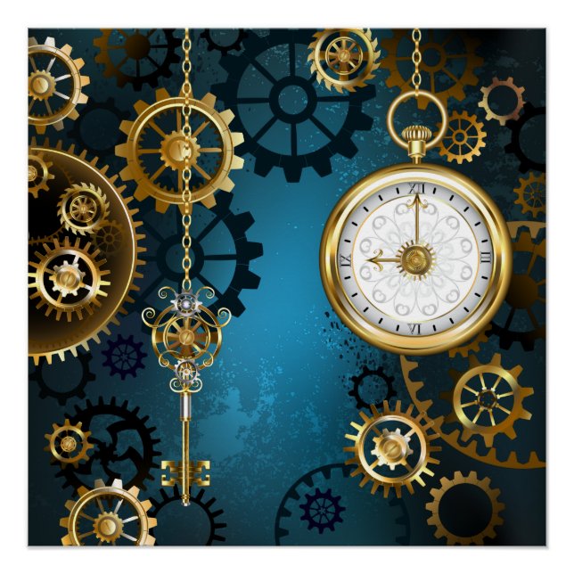 Steampun turquoise Background with Gears Poster (Front)