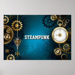 Steampun turquoise Background with Gears Poster