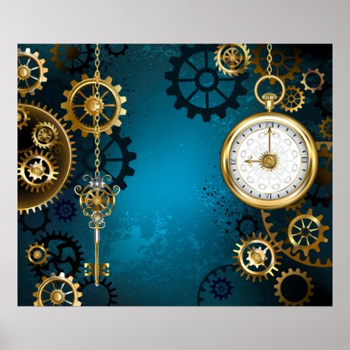 Steampun turquoise Background with Gears Poster