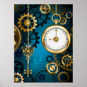 Steampun turquoise Background with Gears Poster