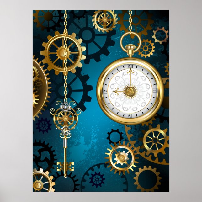 Steampun turquoise Background with Gears Poster (Front)
