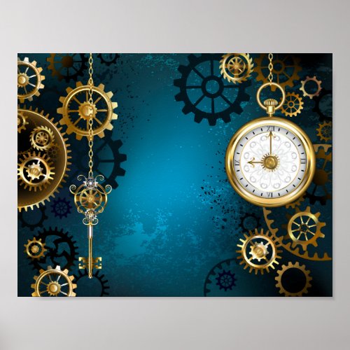 Steampun turquoise Background with Gears Poster