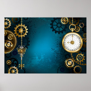 Steampun turquoise Background with Gears Poster