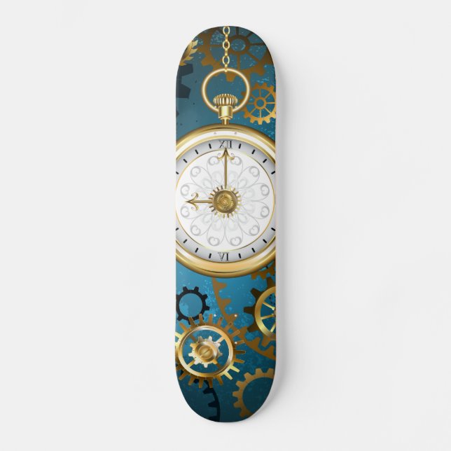 Steampun turquoise Background with Gears Skateboard (Front)