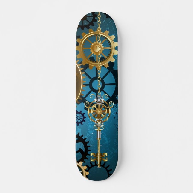 Steampun turquoise Background with Gears Skateboard (Front)