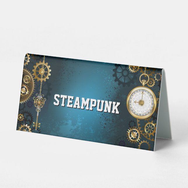 Steampun turquoise Background with Gears Table Tent (Front)