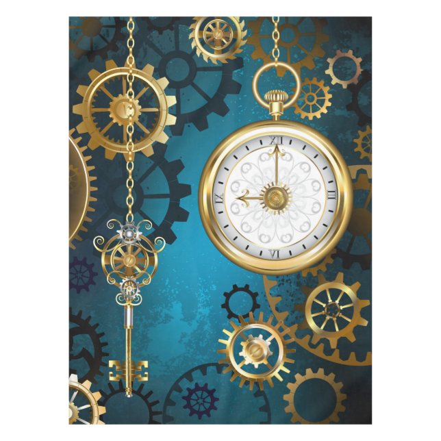 Steampun turquoise Background with Gears Tablecloth (Front)