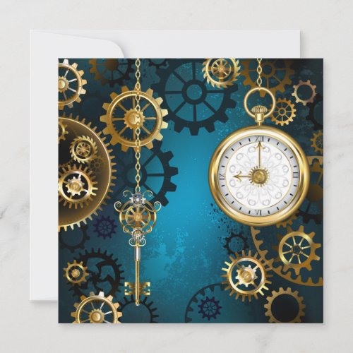 Steampun turquoise Background with Gears Thank You Card