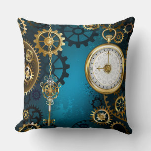 Steampun turquoise Background with Gears Throw Pillow