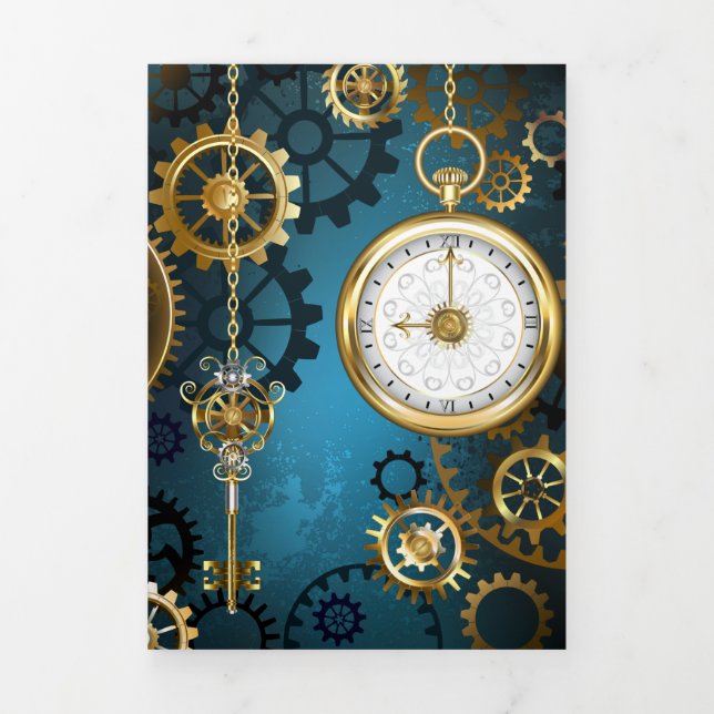 Steampun turquoise Background with Gears Tri-Fold Invitation (Cover)