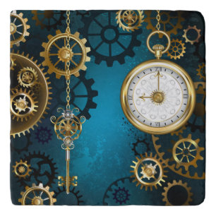 Steampun turquoise Background with Gears Trivet
