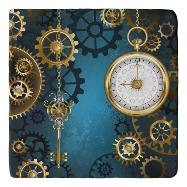 Steampun turquoise Background with Gears Trivet (Front)