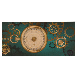 Steampun turquoise Background with Gears Wood Flash Drive