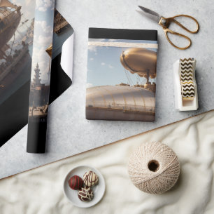 Steampunk Airship at Landing Wrapping Paper