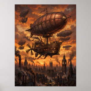 Steampunk Airship Fleet Victorian City Sunset Poster