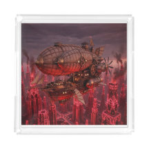 Steampunk Airship Flying Above Town
