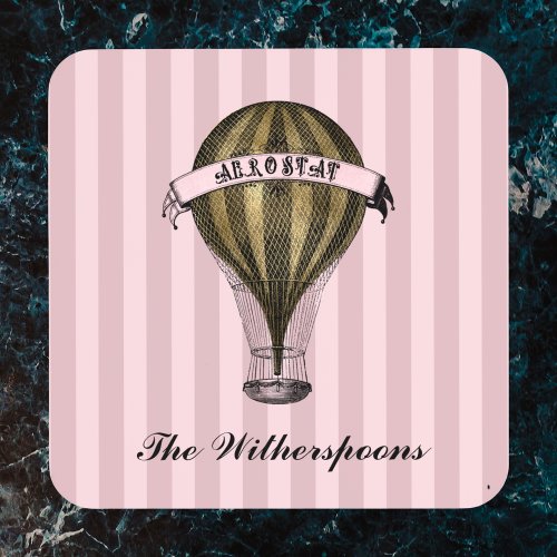 Steampunk Airship on Vintage Pink Stripes Monogram Beverage Coaster