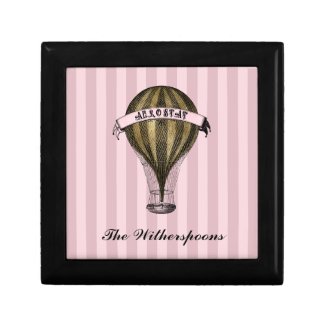 Steampunk Airship on Vintage Pink Stripes Monogram Gift Box