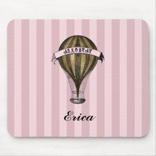 Steampunk Airship on Vintage Pink Stripes Monogram Mouse Pad