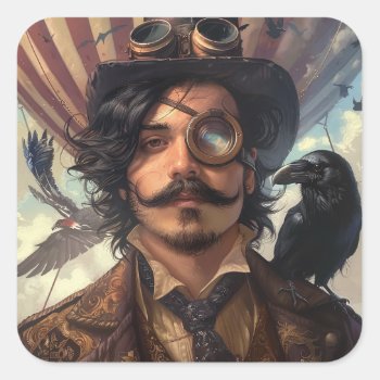 Steampunk Airship Victorian Industrial Raven Square Sticker by azlaird at Zazzle