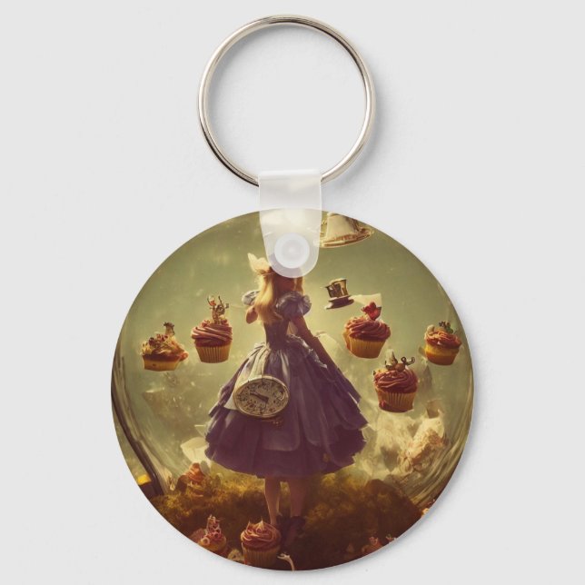Steampunk Alice and Cupcakes AI Generated Art Keychain (Front)