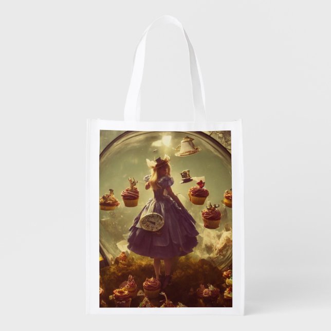 Steampunk Alice and Cupcakes Grocery Bag (Front)