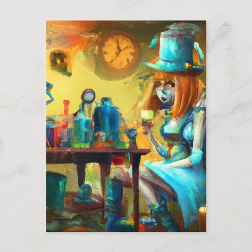 Steampunk Alice Creating Potions in an Alchemy Lab Postcard