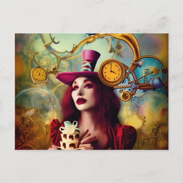 Steampunk Alice Hatter Keeping Time Postcard (Front)