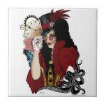 Steampunk all in Red Tile<br><div class="desc">Steampunk woman all decked out in red with her glasses an great victorian style. A clock, flower gear an butterfly in behind her. The forefront has a tribal octopus.</div>