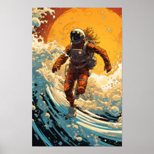 Steampunk Astronaut Surfing in Sci-Fi Surrealism P Poster