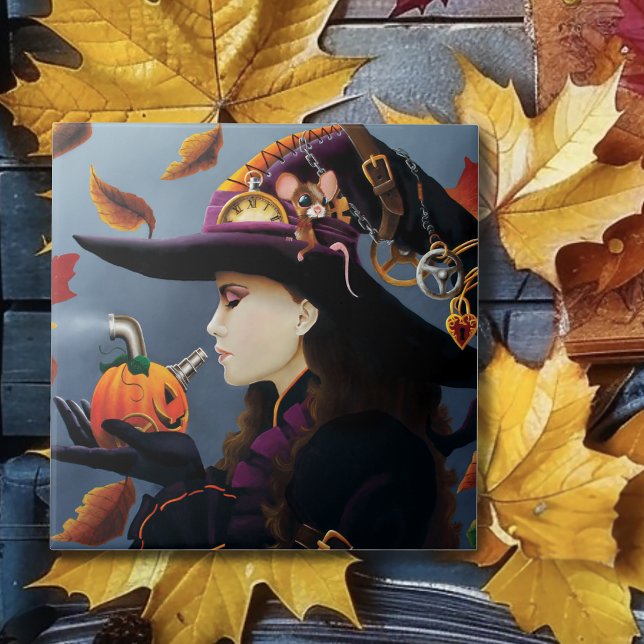 Steampunk Autumn Witch Pumpkin Clockwork Hat Ceramic Tile (Creator Uploaded)