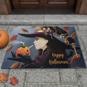 Steampunk Autumn Witch Pumpkin Clockwork Hat Doormat