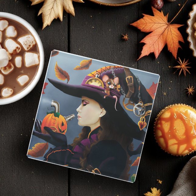 Steampunk Autumn Witch Pumpkin Clockwork Hat Glass Coaster (Creator Uploaded)