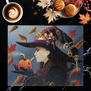 Steampunk Autumn Witch Pumpkin Clockwork Hat Jigsaw Puzzle